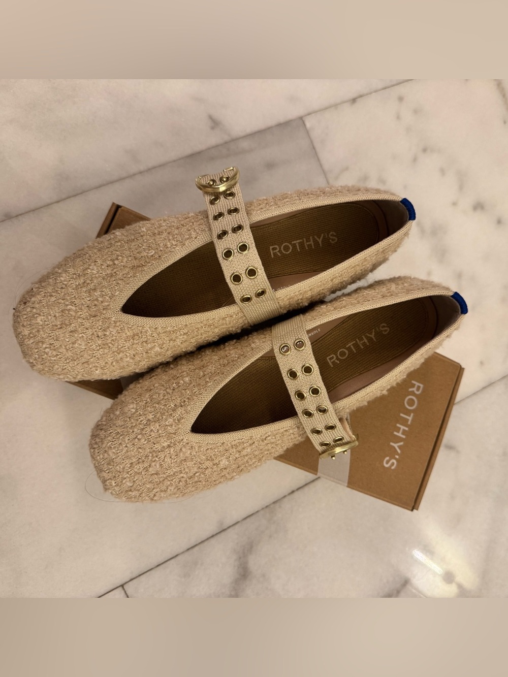 Rothy's The Max Buckle Mary Jane Flats with Gold Buckle Pearl Boucle